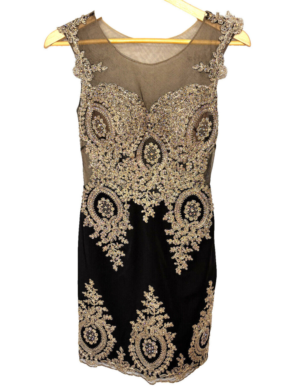 GLOW DRESS/PROM/FORMAL OCCASION SIZE 6 BLACK LACE EMBROIDERED Gold